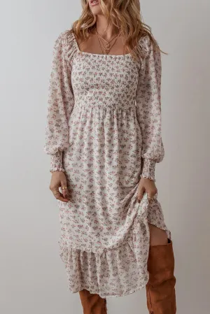 🌸 Smocked Floral Square Neck Long Sleeve Midi Dress 🌸