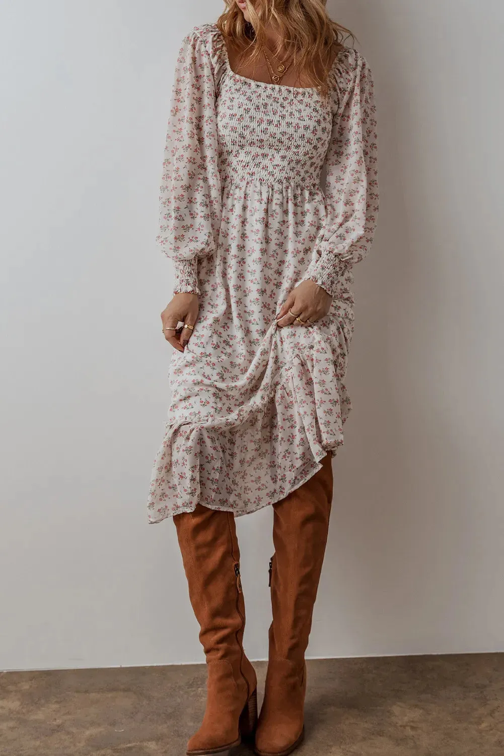 🌸 Smocked Floral Square Neck Long Sleeve Midi Dress 🌸