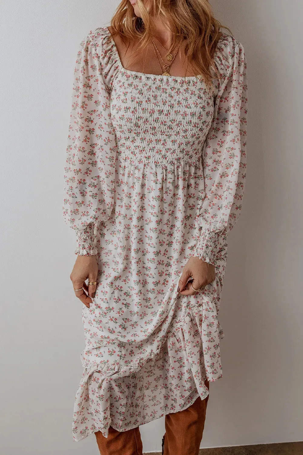 🌸 Smocked Floral Square Neck Long Sleeve Midi Dress 🌸