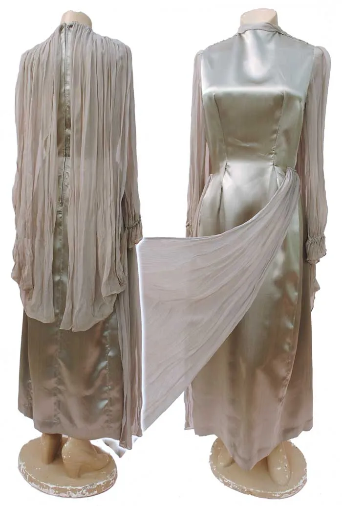 1950s Vintage Silver Evening Dress with Wings • Spirit of Ecstasy • Georgette Wings