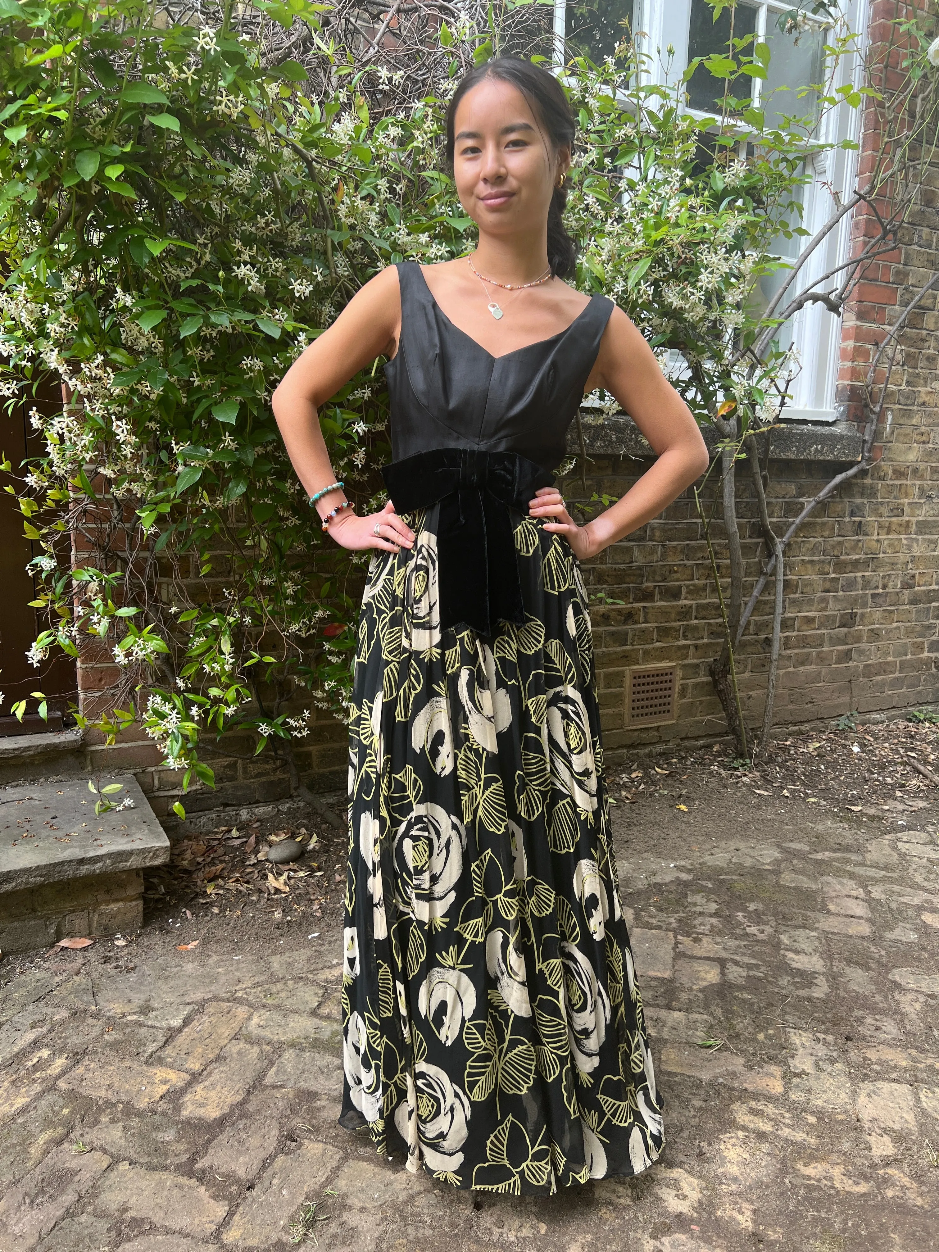 1960s Saks Fifth Avenue Chiffon Rose Print Maxi Dress