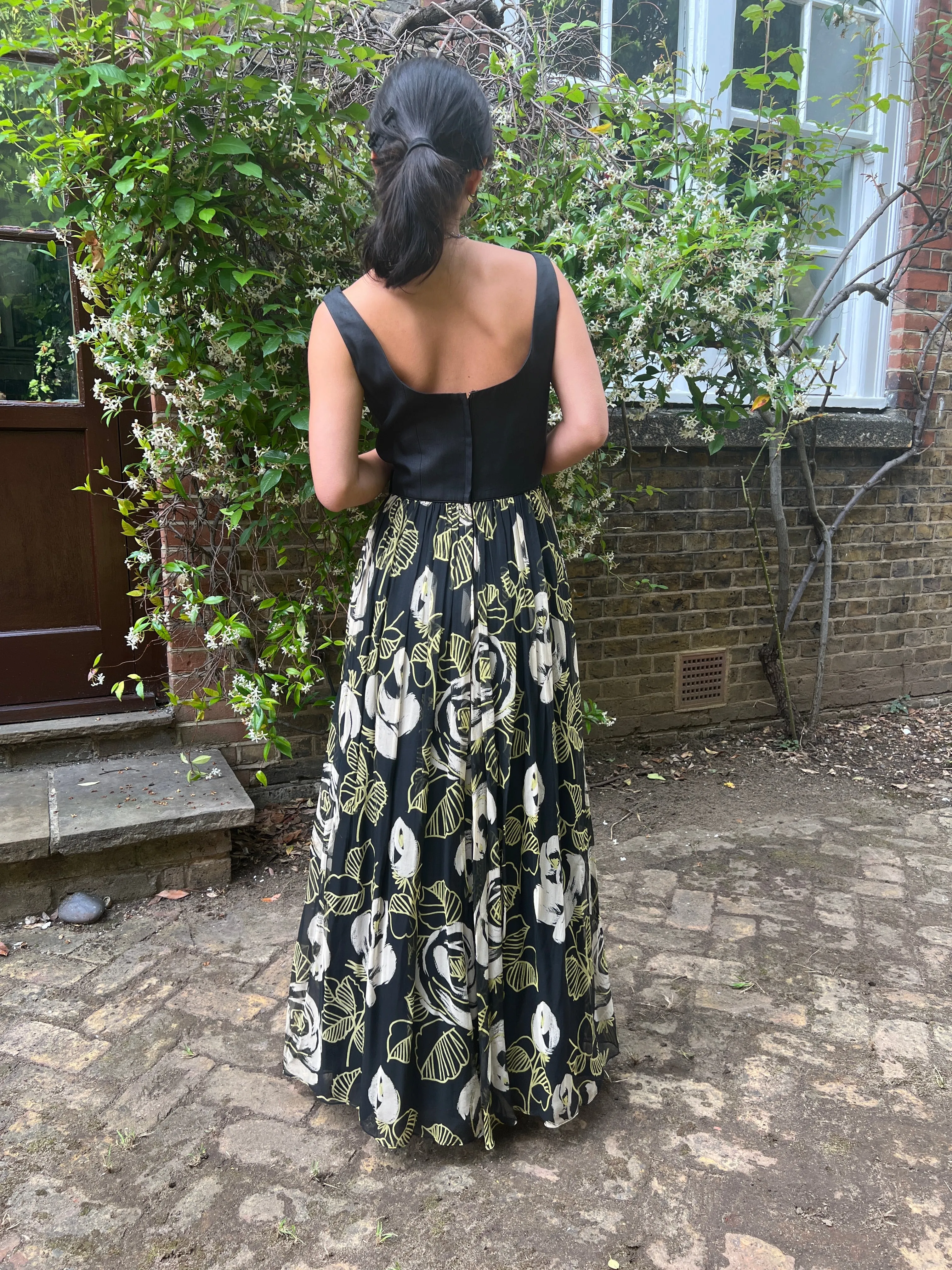 1960s Saks Fifth Avenue Chiffon Rose Print Maxi Dress