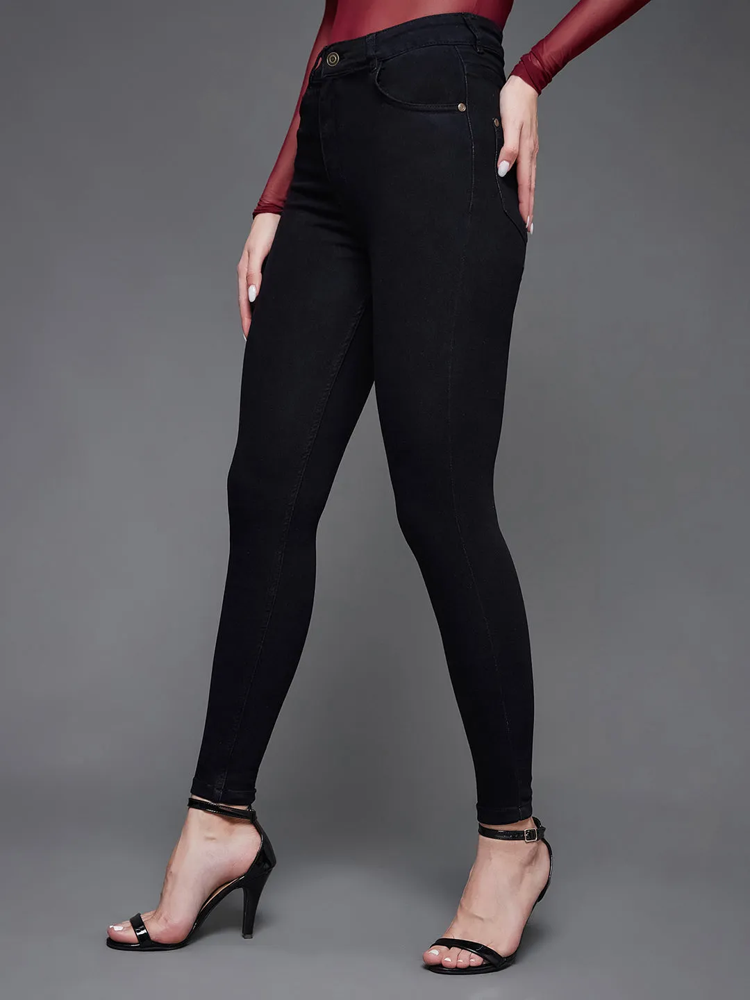 24/7 comfort Women's Black Skinny Fit High Rise Clean Look Regular Length Clean Look Stretchable Denim Jeans