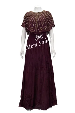Anarkali Wine Floor Length Chinnon Evening Dress with Cape