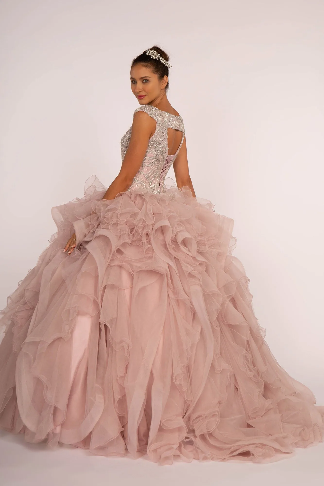 Beads and Sequin Embellished Bodice Boat Neck Ball Gown GLGL2514