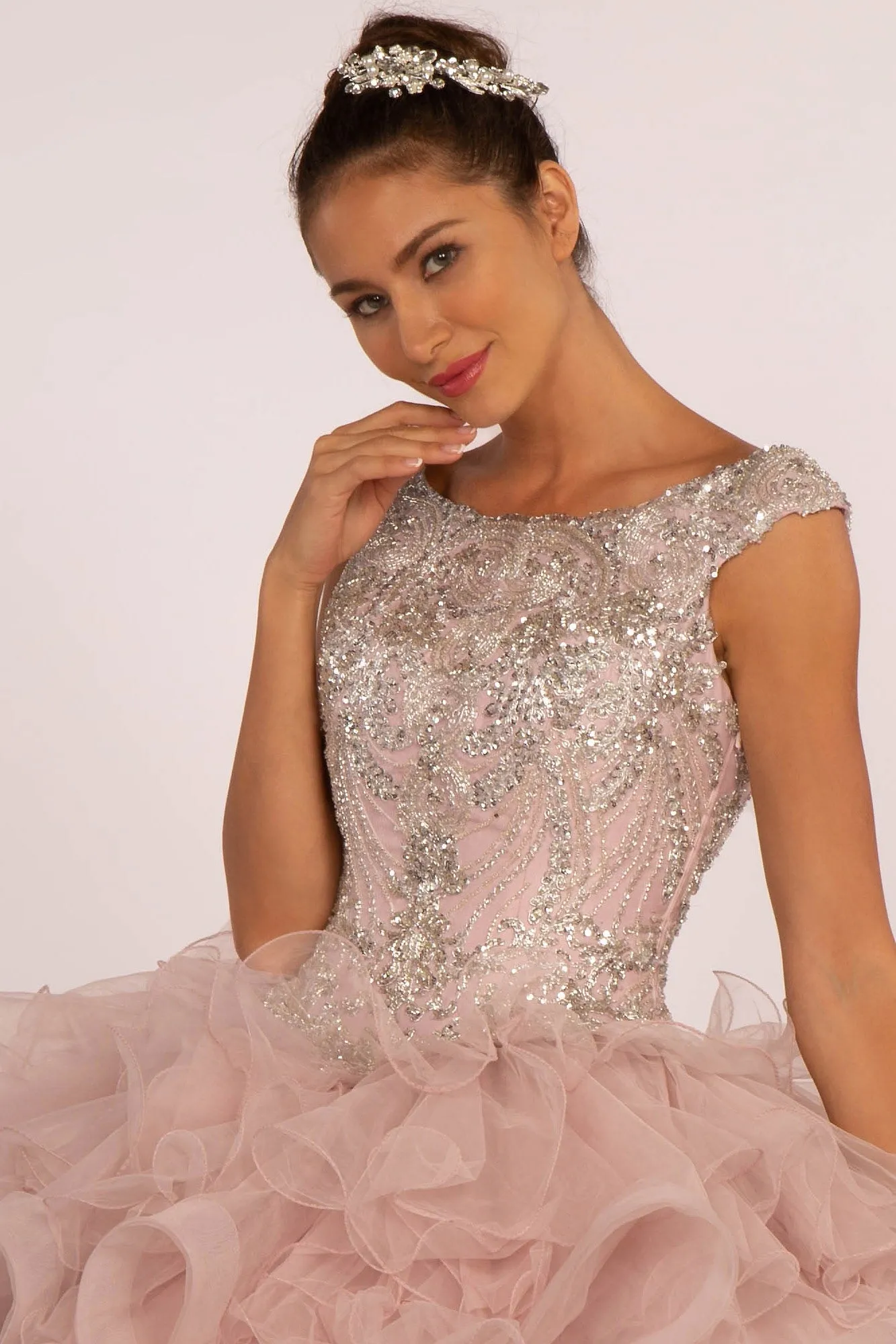 Beads and Sequin Embellished Bodice Boat Neck Ball Gown GLGL2514