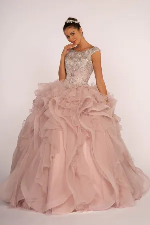 Beads and Sequin Embellished Bodice Boat Neck Ball Gown GLGL2514