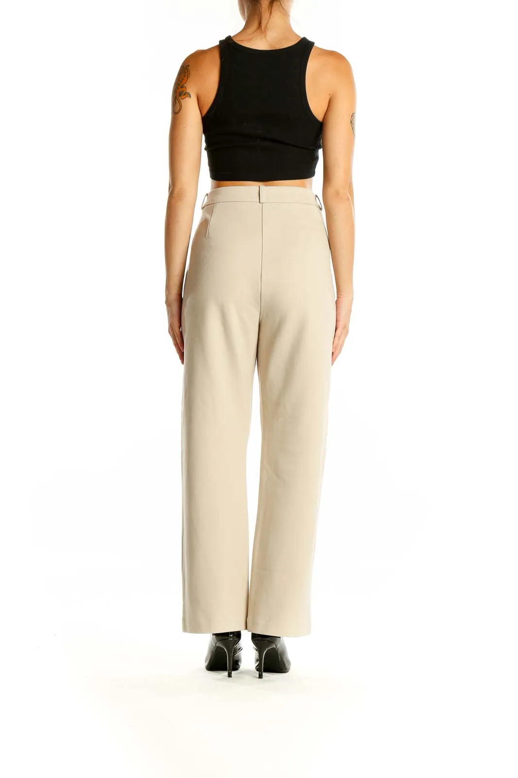 Beige High-Waisted Wide-Leg Trousers