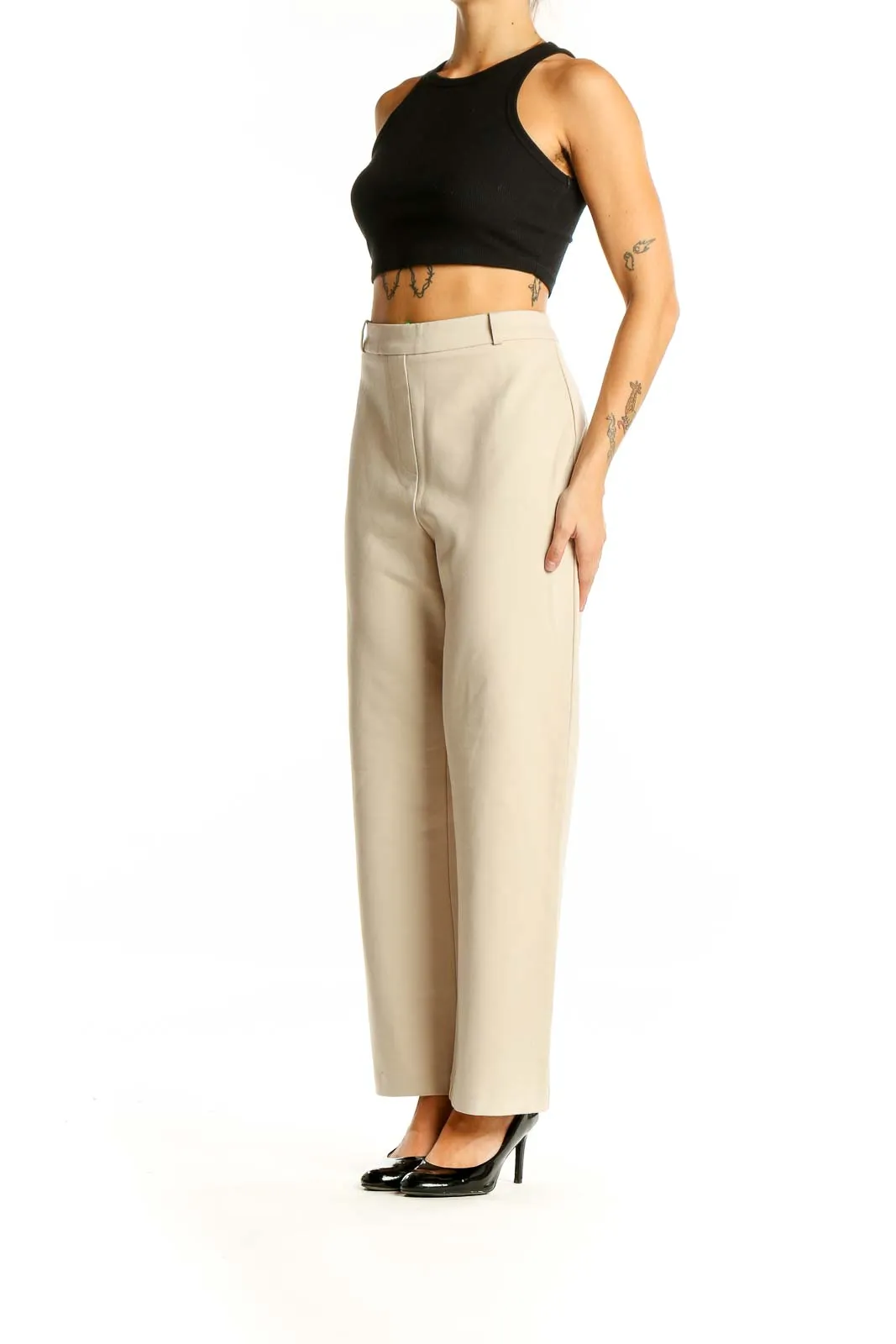 Beige High-Waisted Wide-Leg Trousers