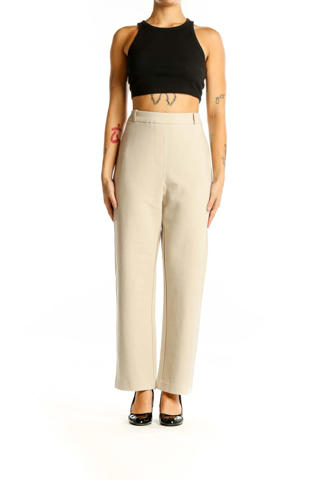 Beige High-Waisted Wide-Leg Trousers