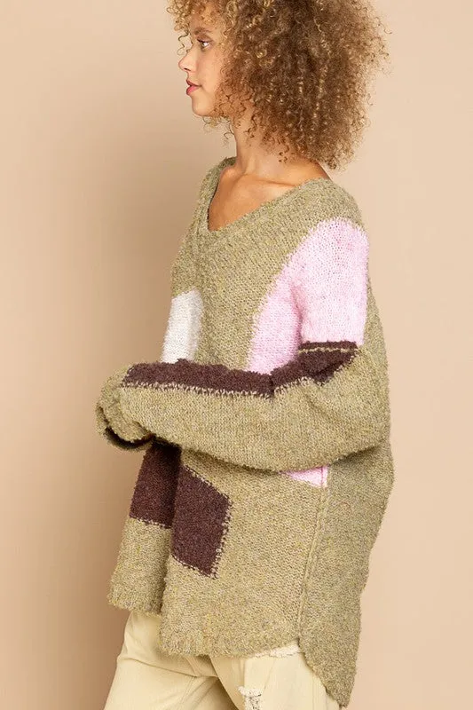 Betty Green Colorblock V-Neck Sweater