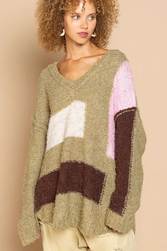 Betty Green Colorblock V-Neck Sweater