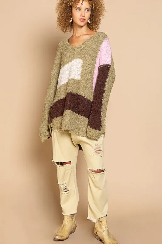 Betty Green Colorblock V-Neck Sweater