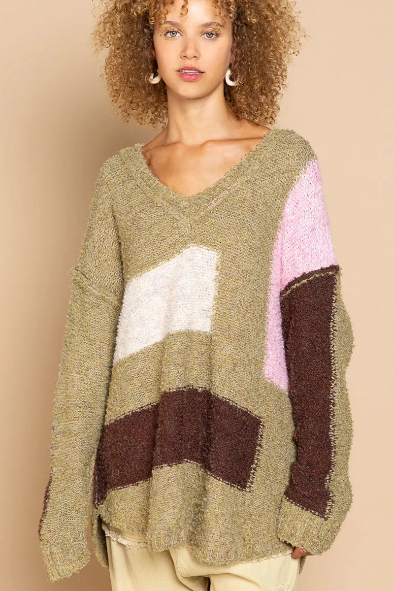 Betty Green Colorblock V-Neck Sweater