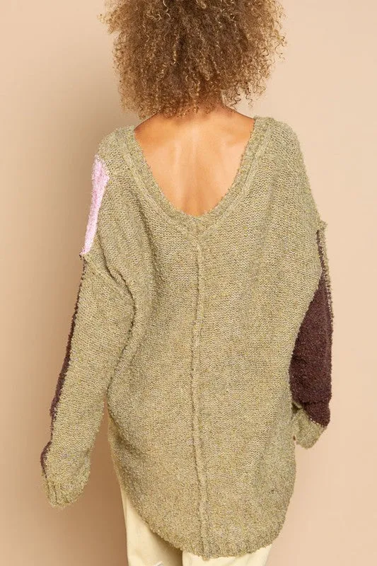 Betty Green Colorblock V-Neck Sweater
