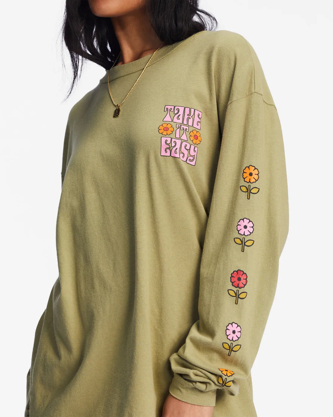 BILLABONG Women's Take It Easy Long Sleeve Graphic Boyfriend T-Shirt Army
