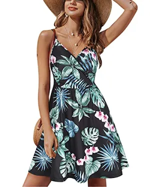 Black Green V Neck Floral Spaghetti Strap Summer Dress Casual Swing Midi Sundress with Pocket - STYLEWORD