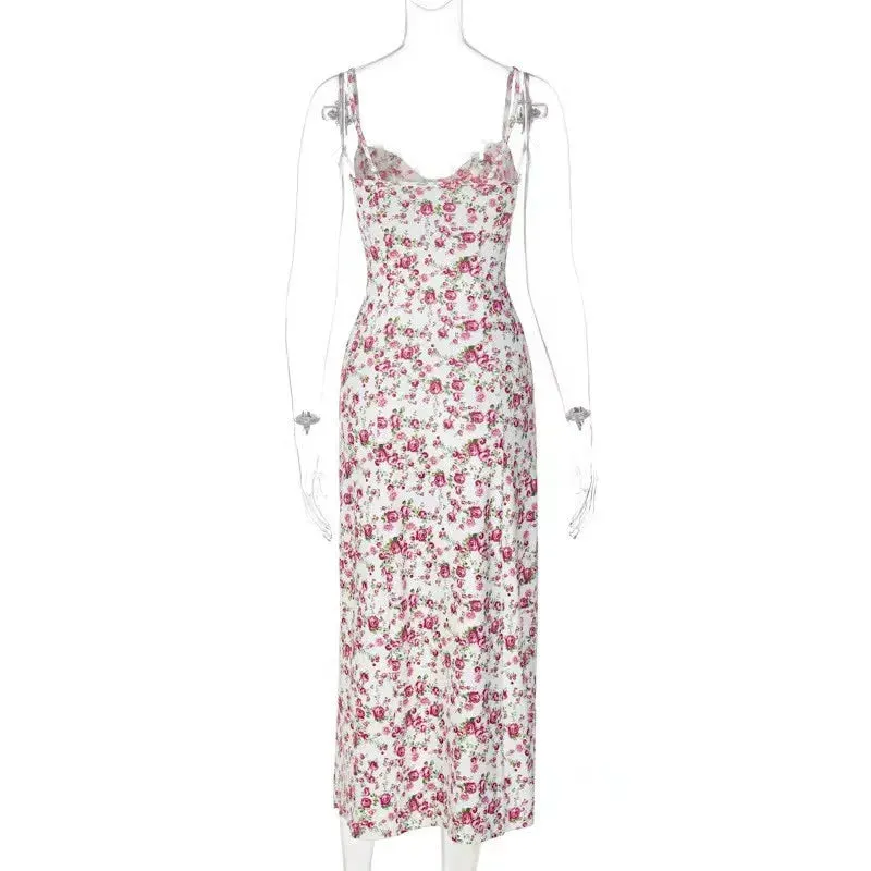 Bohemian Floral Midi Dress for Women - Summer Spaghetti Strap Camisole with Slim Fit and Natural Waistline - Trendy Split Design