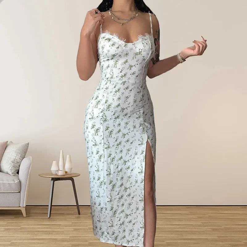 Bohemian Floral Midi Dress for Women - Summer Spaghetti Strap Camisole with Slim Fit and Natural Waistline - Trendy Split Design