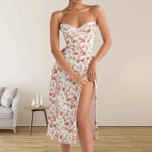 Bohemian Floral Midi Dress for Women - Summer Spaghetti Strap Camisole with Slim Fit and Natural Waistline - Trendy Split Design