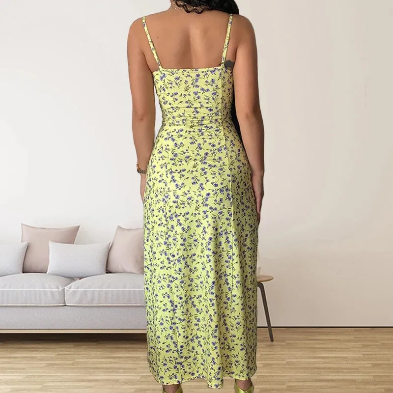 Bohemian Floral Midi Dress for Women - Summer Spaghetti Strap Camisole with Slim Fit and Natural Waistline - Trendy Split Design