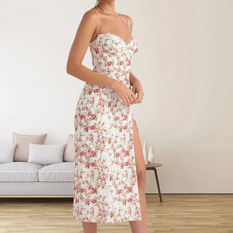 Bohemian Floral Midi Dress for Women - Summer Spaghetti Strap Camisole with Slim Fit and Natural Waistline - Trendy Split Design