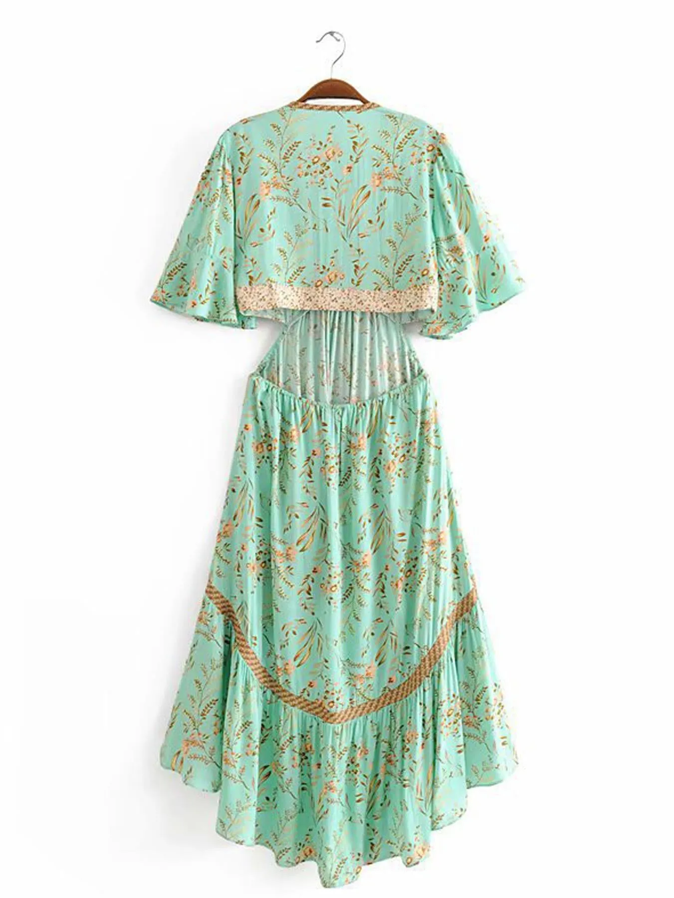 Bohemian High Low Maxi Dress With Back Detail In Green Floral Print