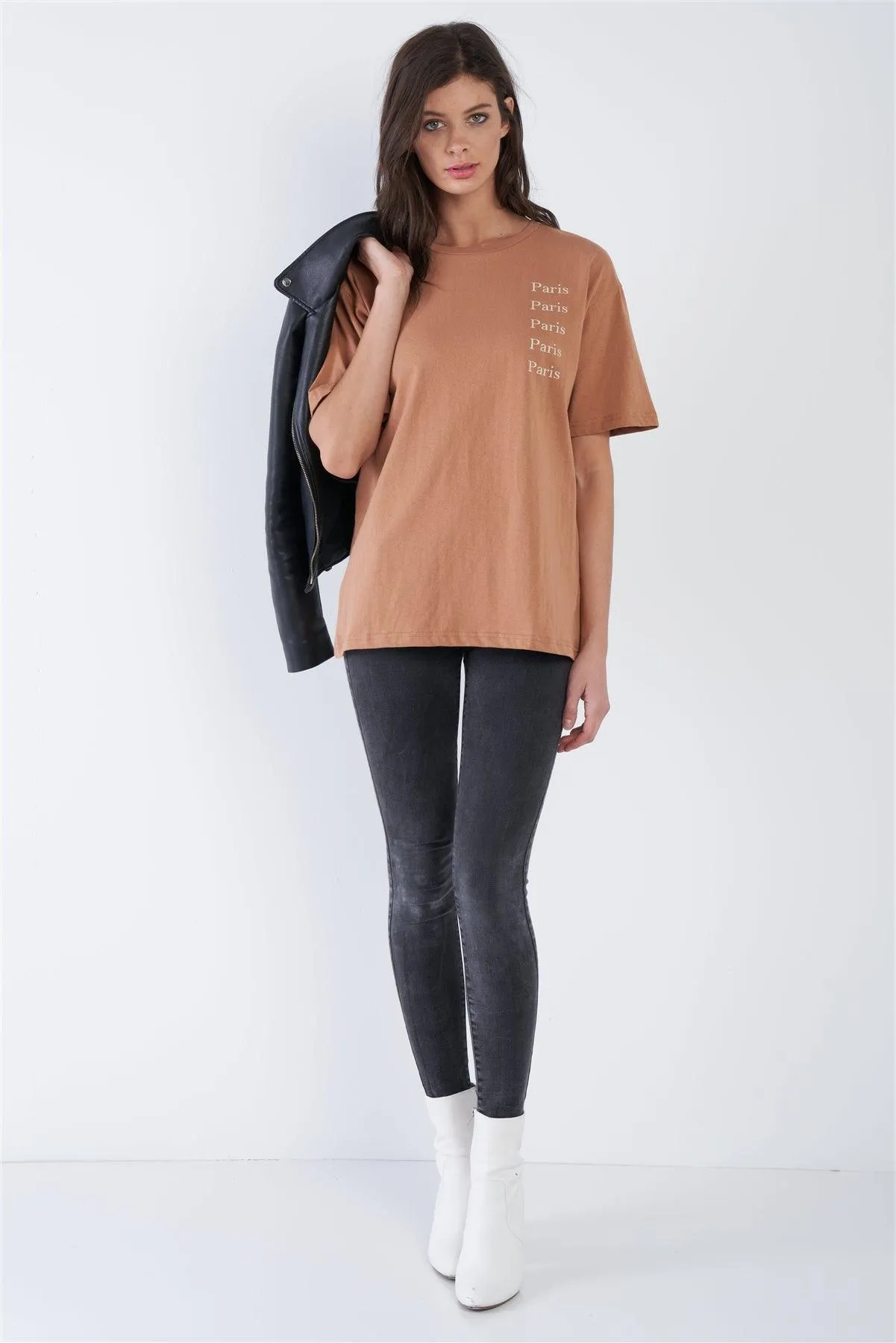 Bronze Beige "PARIS" Logo Graphic Short Sleeve Cotton Tee  /3-2-1