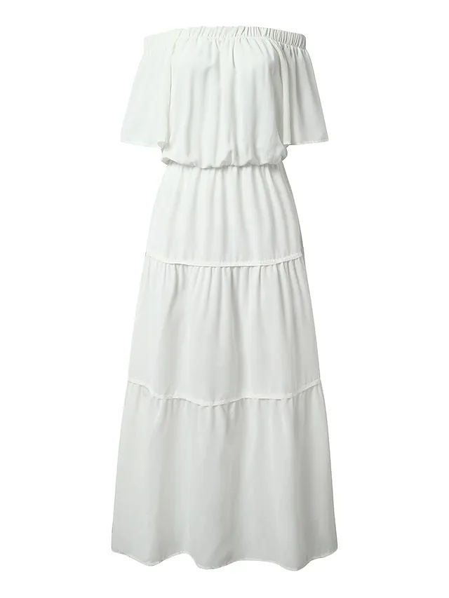 Casual Dress Holiday Dress Shift Dress Long Dress Maxi Dress Khaki Red White Short Sleeve Pure Color Ruffle Spring Summer Off Shoulder Fashion Vacation Weekend Loose Fit  S M L XL XXL 3XL for Women
