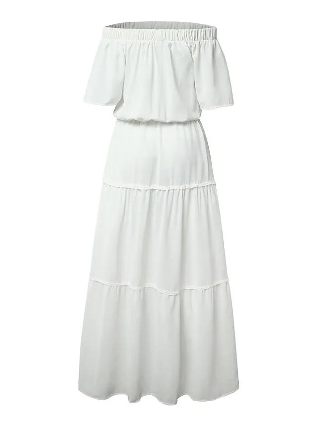 Casual Dress Holiday Dress Shift Dress Long Dress Maxi Dress Khaki Red White Short Sleeve Pure Color Ruffle Spring Summer Off Shoulder Fashion Vacation Weekend Loose Fit  S M L XL XXL 3XL for Women