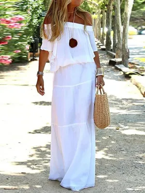 Casual Dress Holiday Dress Shift Dress Long Dress Maxi Dress Khaki Red White Short Sleeve Pure Color Ruffle Spring Summer Off Shoulder Fashion Vacation Weekend Loose Fit  S M L XL XXL 3XL for Women