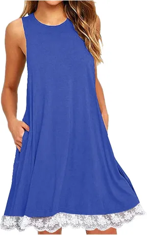 Casual Vacation Tank Dress for Women Crew Neck Solid Sleeveless Sundress Summer Basic Loose Hem Beach Mini Dresse