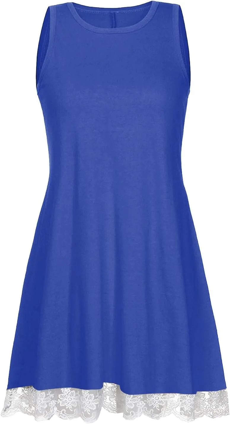 Casual Vacation Tank Dress for Women Crew Neck Solid Sleeveless Sundress Summer Basic Loose Hem Beach Mini Dresse