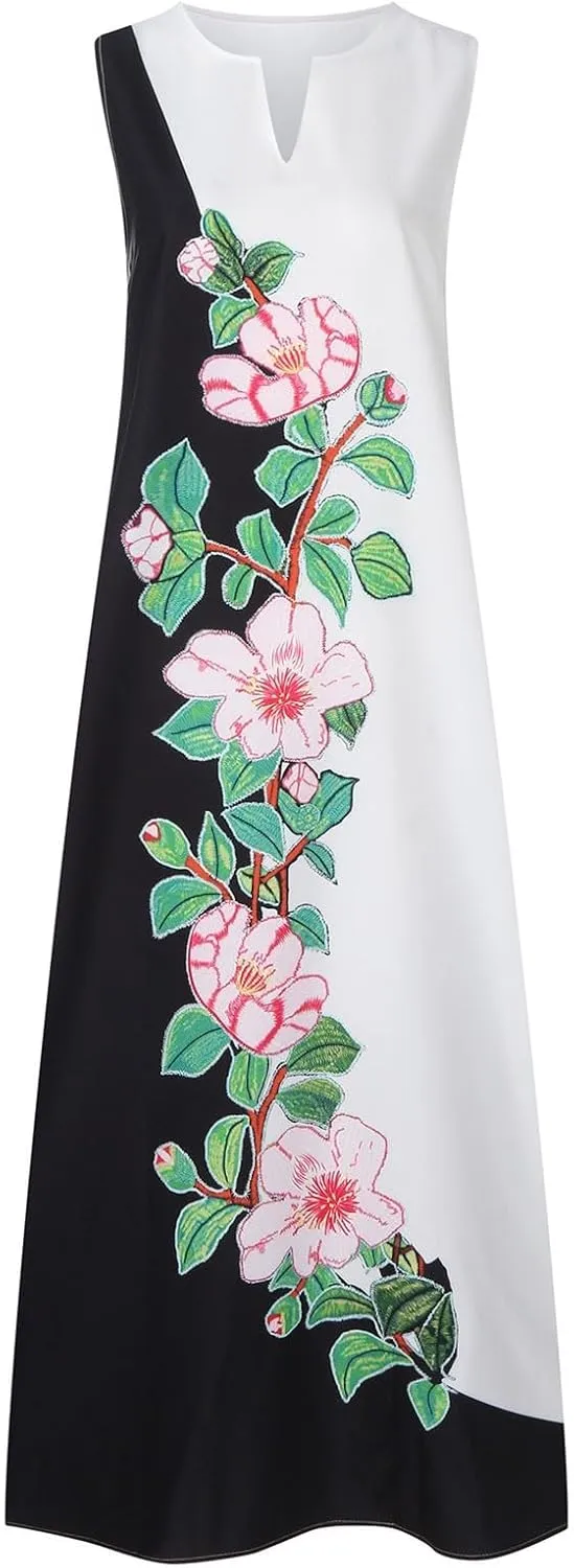 Cbcbtwo LongMaxi Dresses for Women Casual Spring Summer Fasion 2025 Sleeveless V-Neck Beach Dress Floral Print Vacation Dress