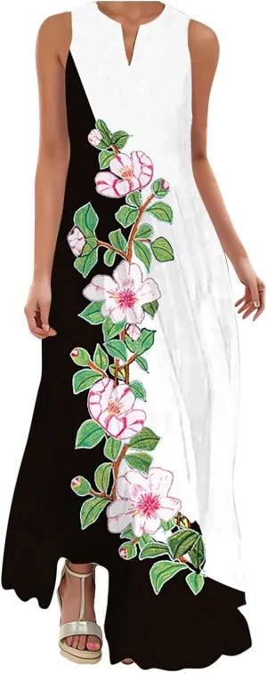 Cbcbtwo LongMaxi Dresses for Women Casual Spring Summer Fasion 2025 Sleeveless V-Neck Beach Dress Floral Print Vacation Dress