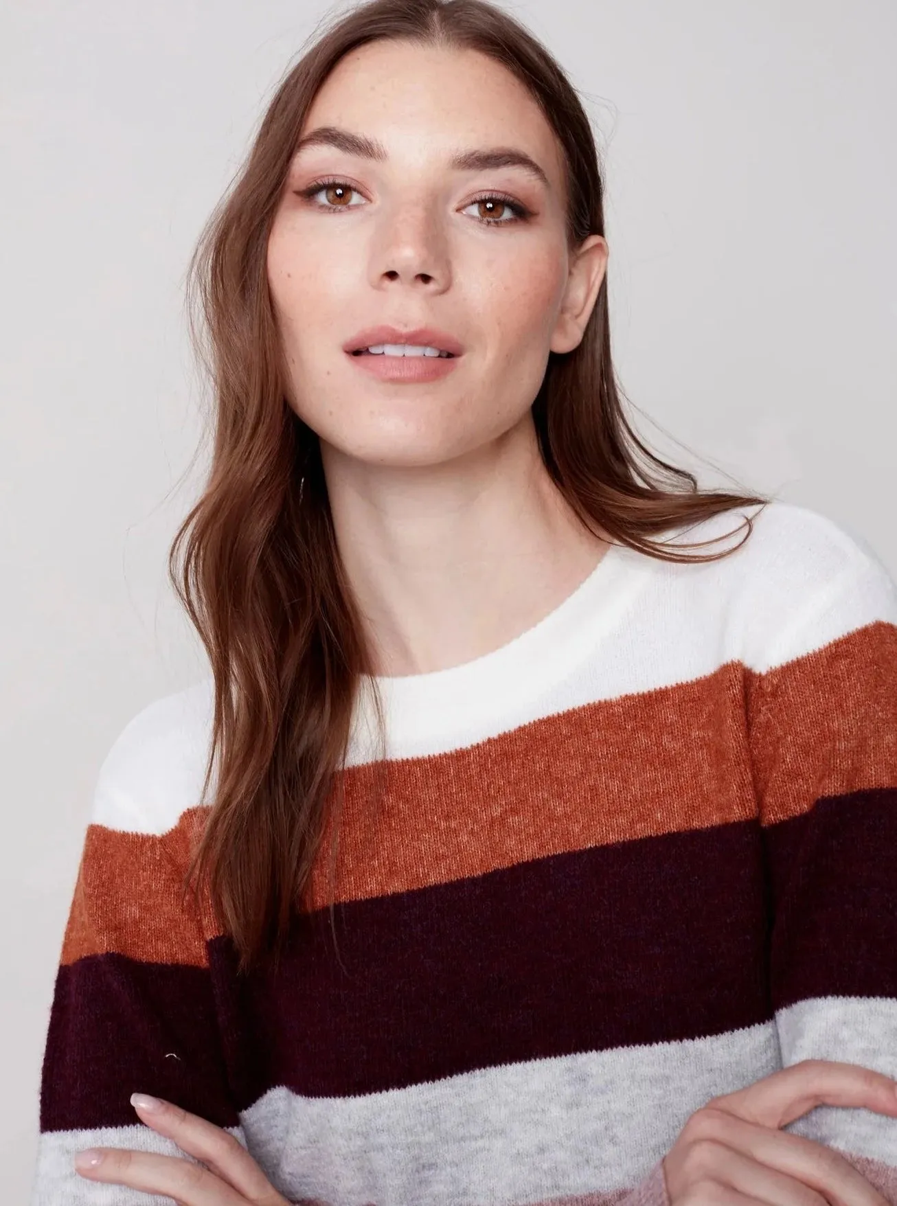 Crewneck Sweater With Color Stripe Design [Powder-C2557]