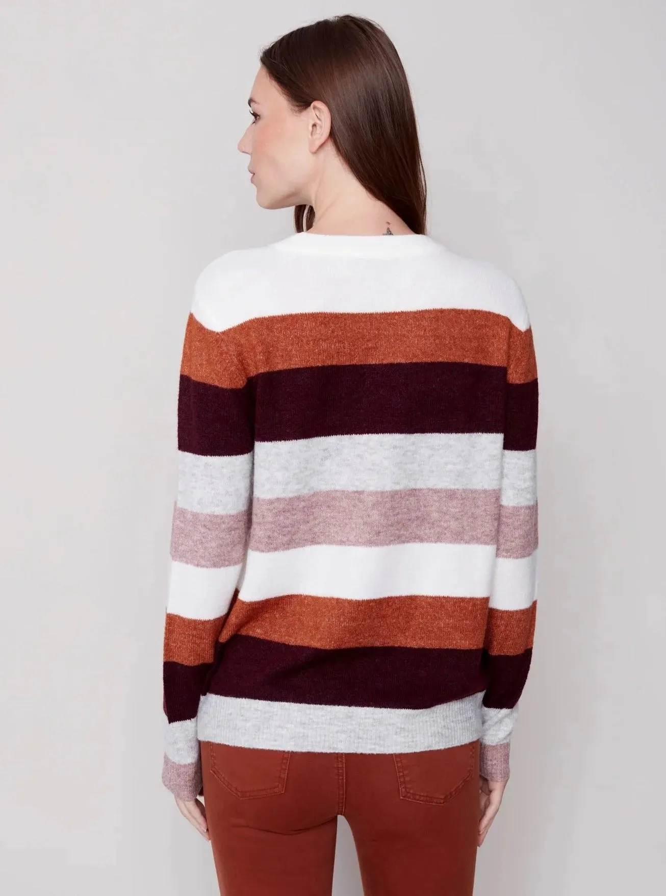Crewneck Sweater With Color Stripe Design [Powder-C2557]