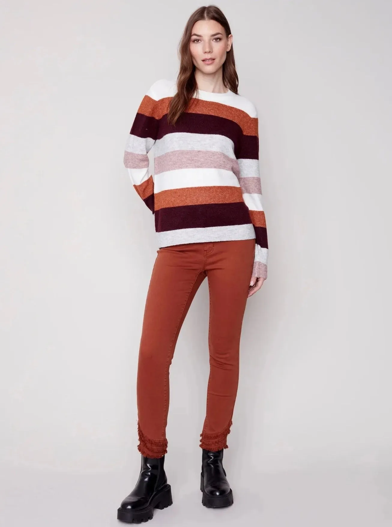 Crewneck Sweater With Color Stripe Design [Powder-C2557]