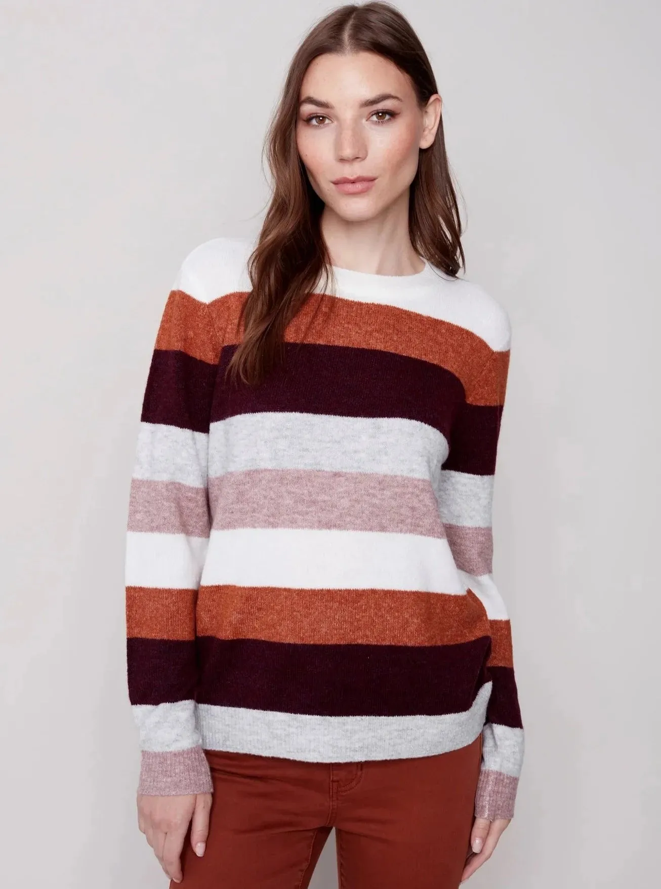 Crewneck Sweater With Color Stripe Design [Powder-C2557]