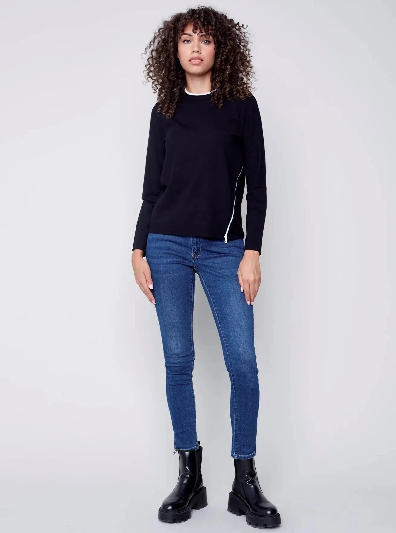 Crewneck Sweater With Side Diagonal Zipper Detail [Black-C2571]