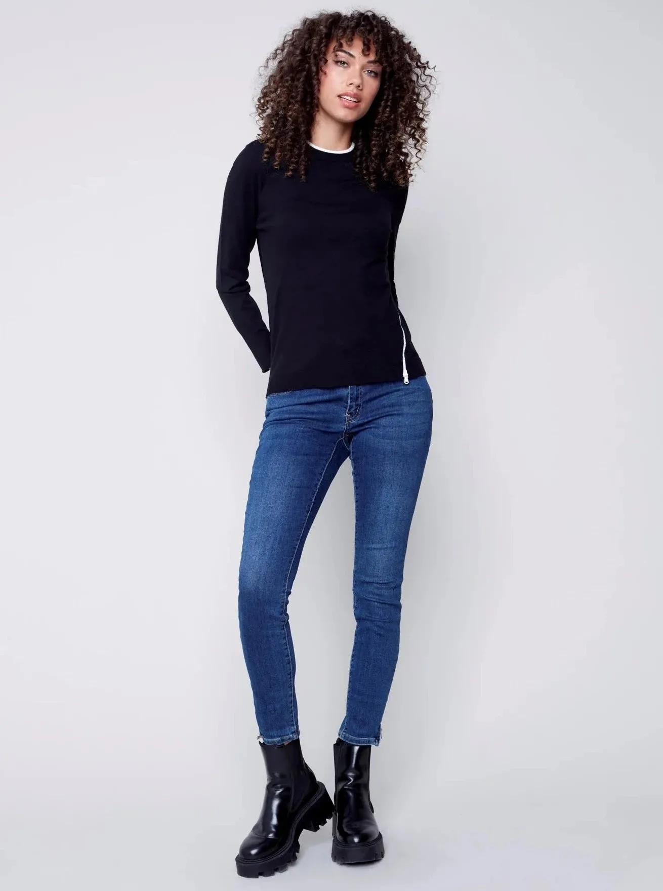Crewneck Sweater With Side Diagonal Zipper Detail [Black-C2571]