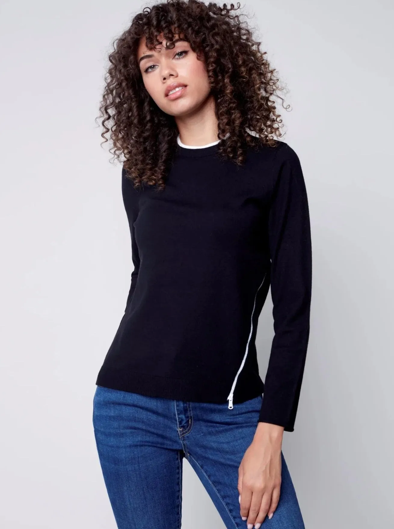 Crewneck Sweater With Side Diagonal Zipper Detail [Black-C2571]
