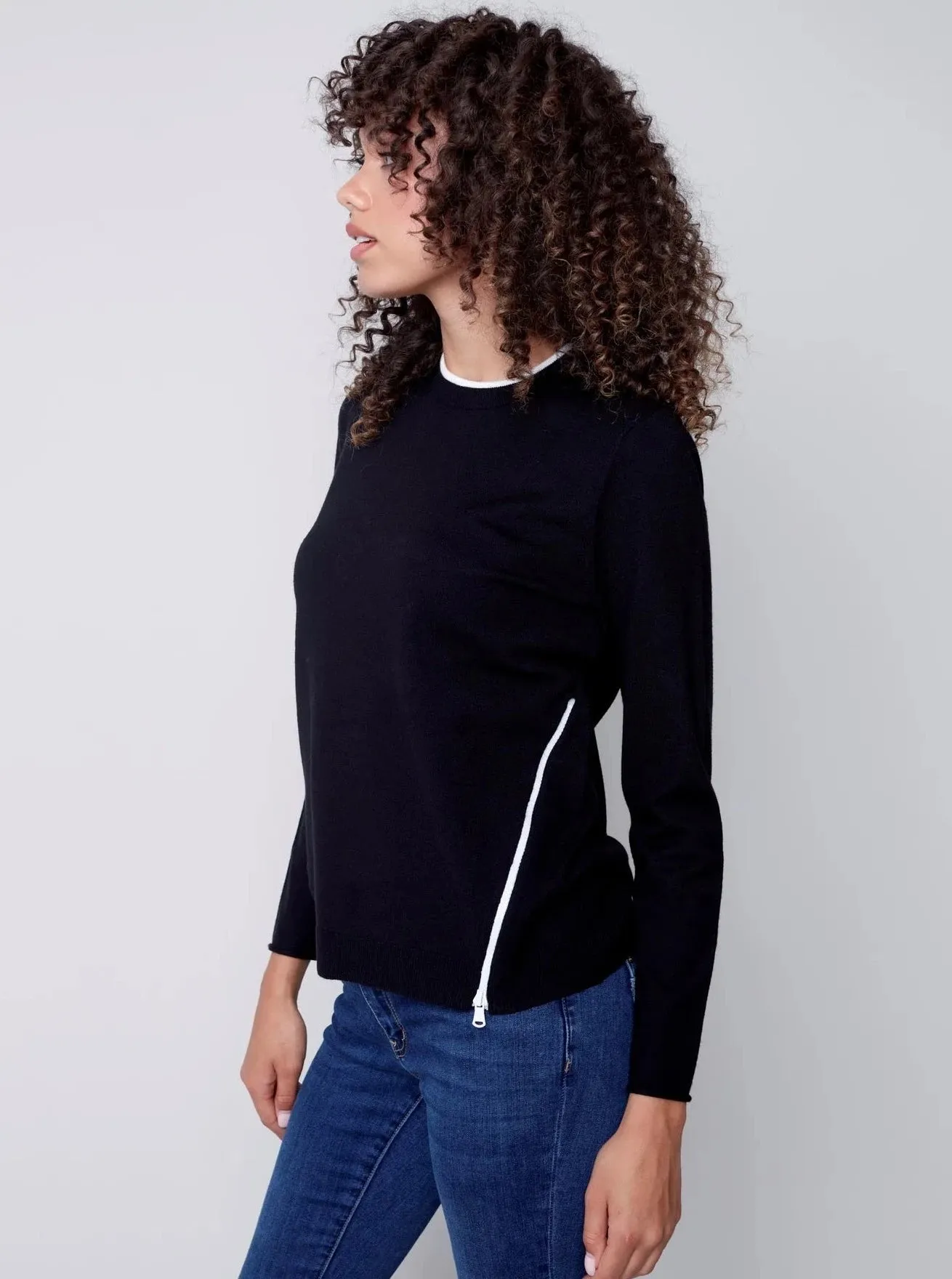 Crewneck Sweater With Side Diagonal Zipper Detail [Black-C2571]