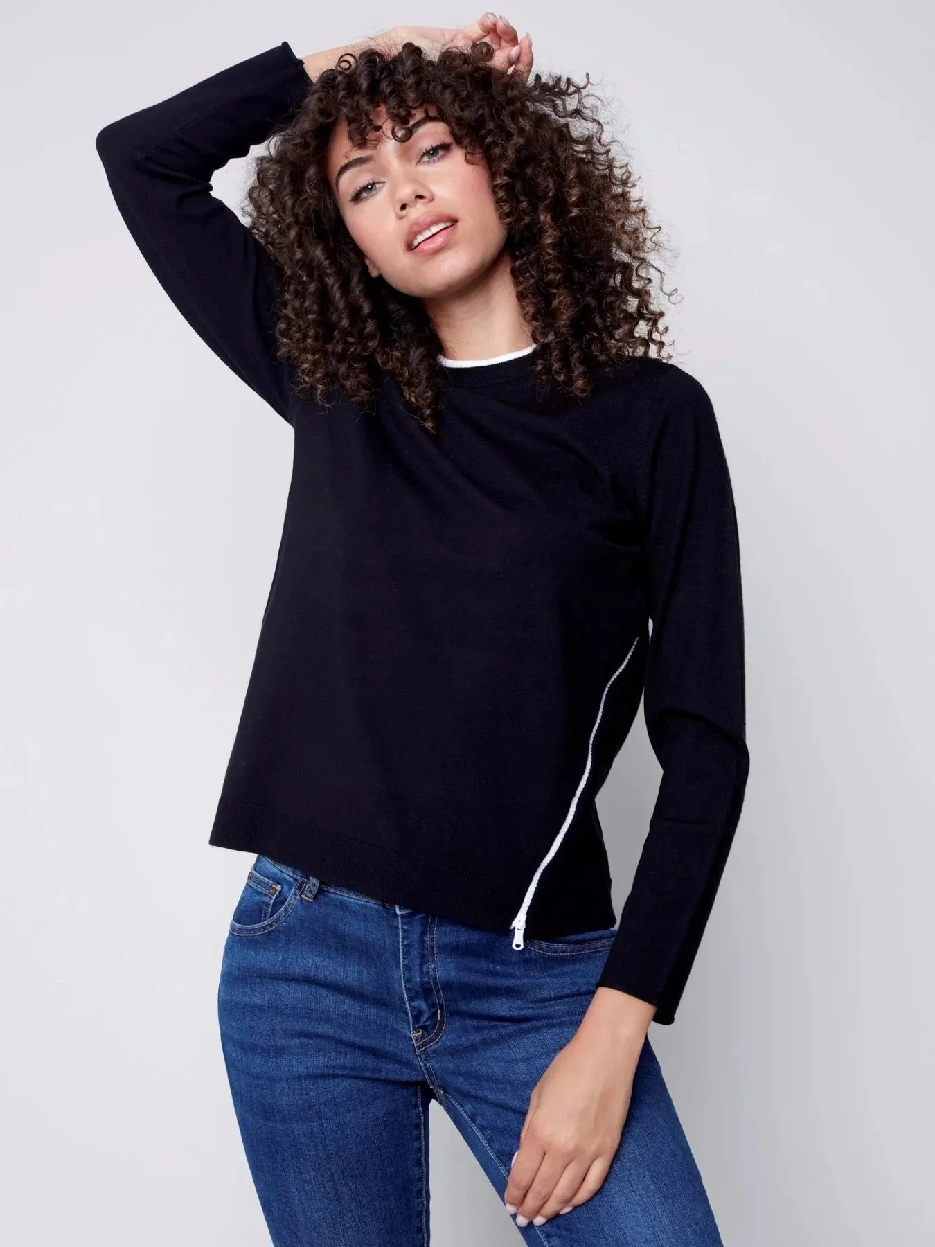 Crewneck Sweater With Side Diagonal Zipper Detail [Black-C2571]