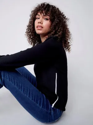 Crewneck Sweater With Side Diagonal Zipper Detail [Black-C2571]