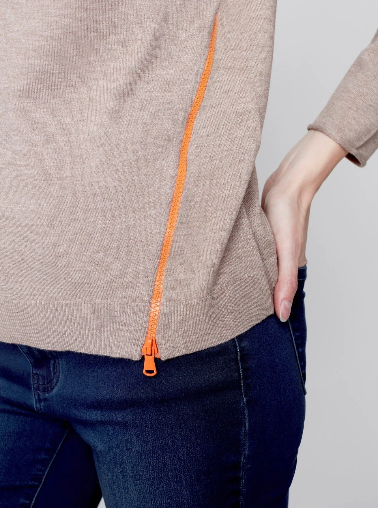 Crewneck Sweater With Side Diagonal Zipper Detail [H Truffle-C2571]