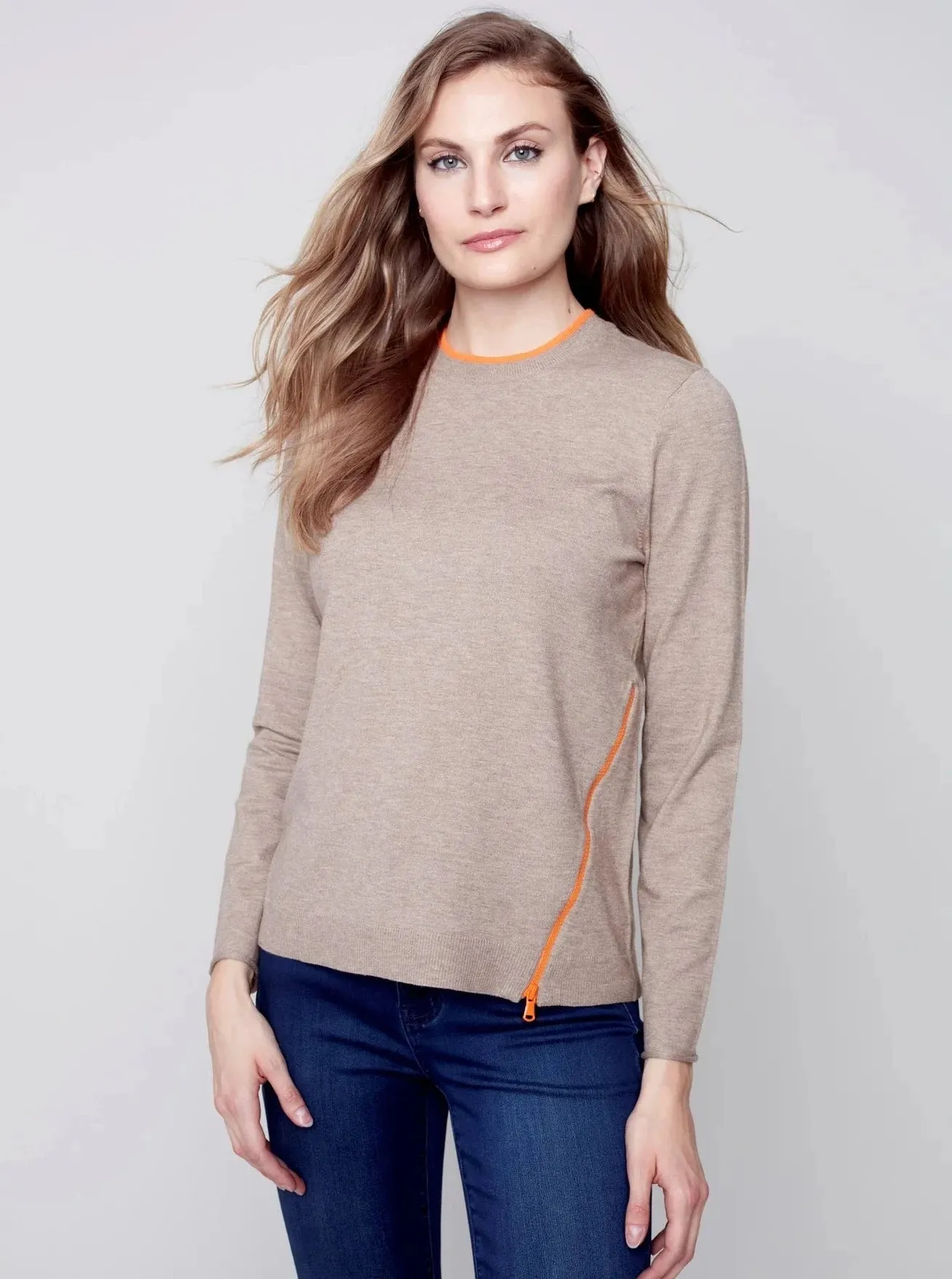 Crewneck Sweater With Side Diagonal Zipper Detail [H Truffle-C2571]