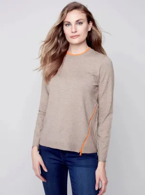 Crewneck Sweater With Side Diagonal Zipper Detail [H Truffle-C2571]