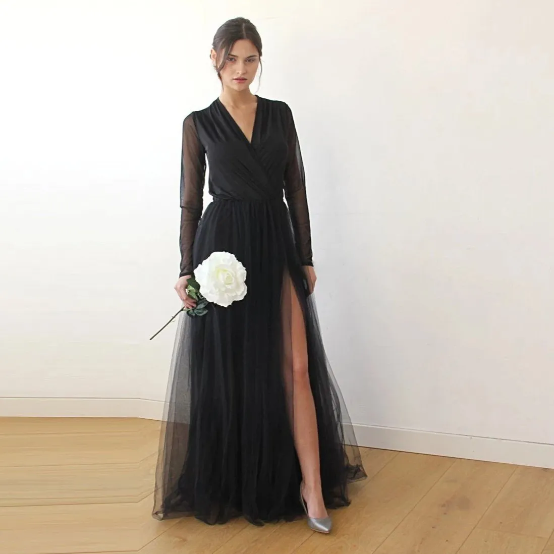 Curvy  Black Wrap Tulle  With Long Chiffon Mesh Sleeves  #1174