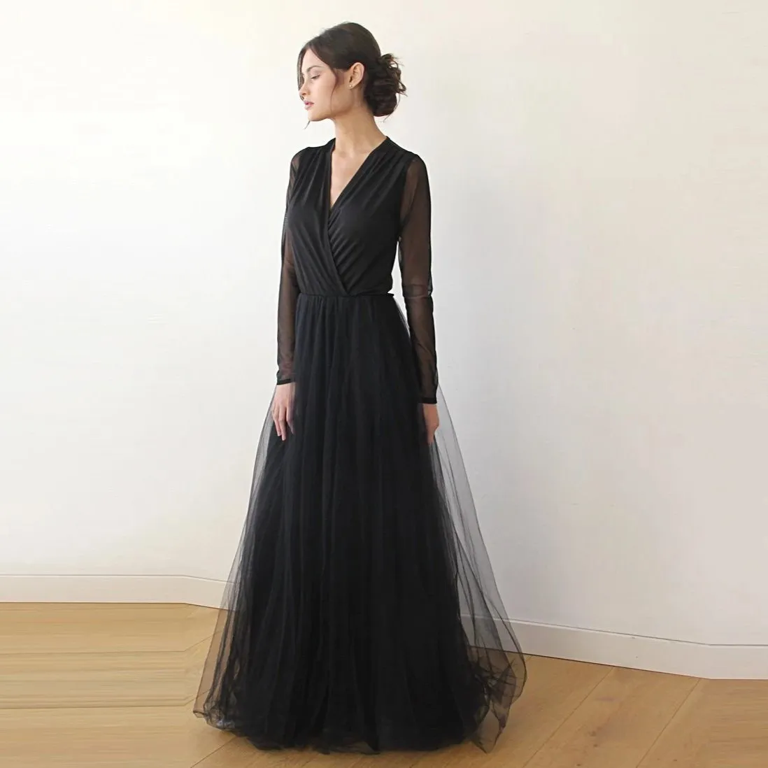 Curvy  Black Wrap Tulle  With Long Chiffon Mesh Sleeves  #1174